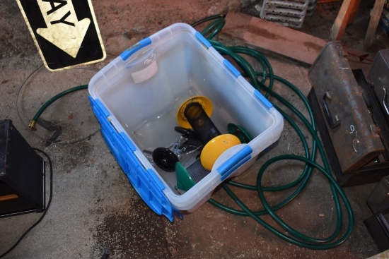 2 Totes, Two Bird Feeders, Green Garden Hose
