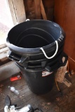 Four 32 Gallon Trash Bins and Black Plastic Carry Tub