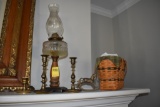 Oil Lamp with 3 Candle Holders, Bronze Horse, Wicker Basket