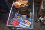 Milk Crate with Wooden Clogs and Road Flares