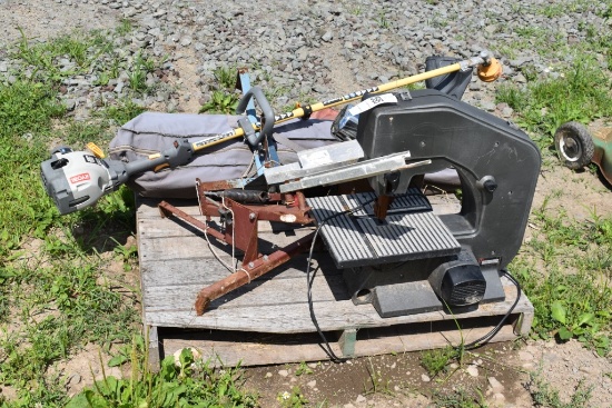 Pallet with Skil Band Saw, Ryobi Weed Wacker, Bag of Golf Clubs, Clay Bird Thrower, Etc