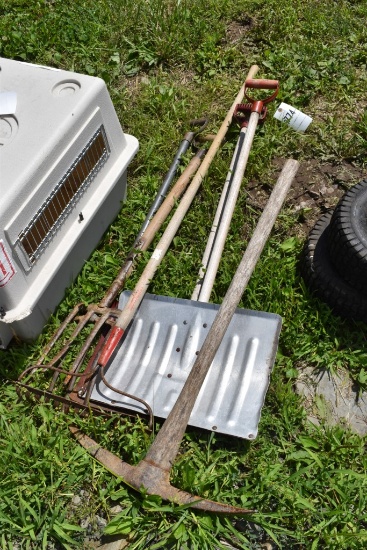 2 Pitch Forks, Two Snow Shovels, Pick Axe