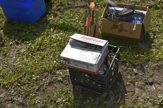 Milk Crate with Fishing Tip Ups and Misc Hardware