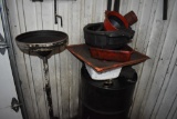 Group of Oil Drains and 55 Gallon Drum