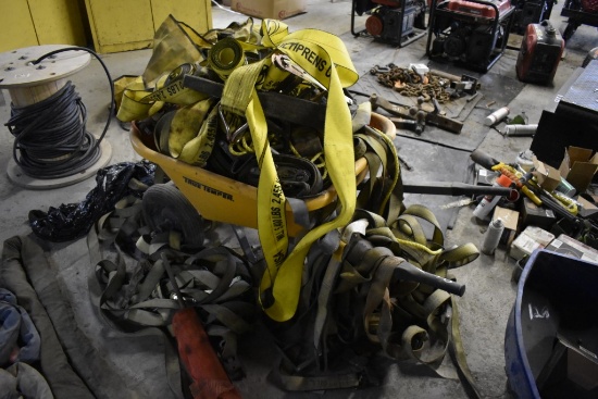 HUGE Quantity of Used Ratchet Straps in True Temper Double Wheel Wheel Barrow