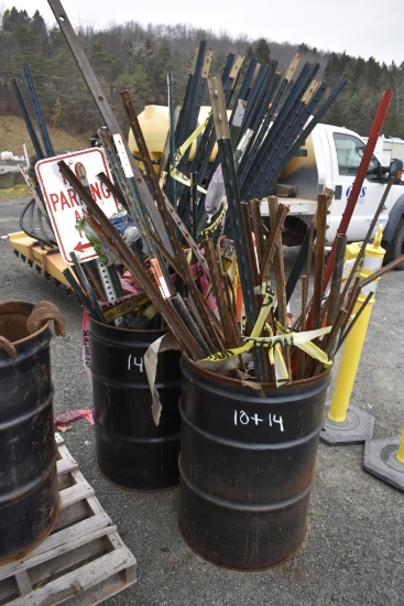 Two Barrels of Metal T Posts and Threaded Rod Pieces