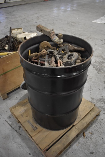 55 Gallon Drum Full of Hitch Parts and Hooks