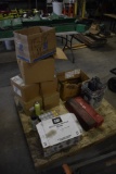 Pallet of De-Icer, Road Caution Triangles, CAT Grease, Grease Guns, As Picture