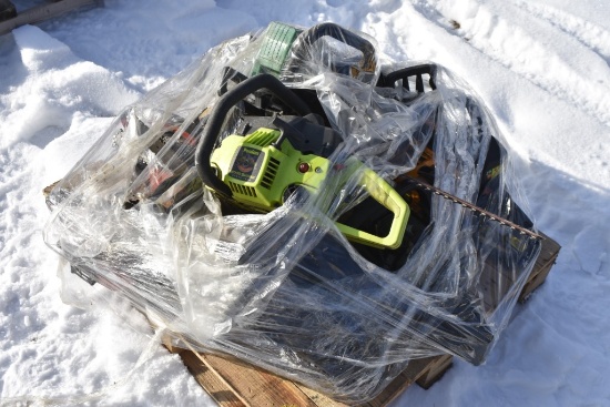Pallet of Chainsaws and Hedge Trimmers