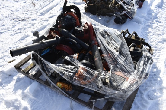 Pallet of Chainsaws and Leaf Blowers