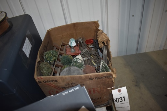 Box of Model Train Track and Decorations