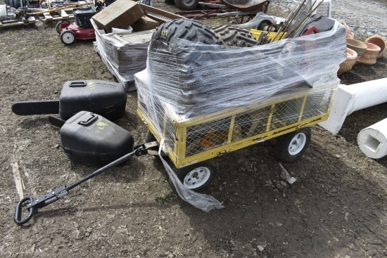 Yellow Wagon with Tires, Fishing Poles, Chainsaw, Lights ETC