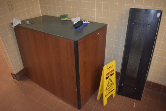 Enclosed garbage Can and Cabinet with Slippery When Wet Sign, and Shelf Part
