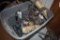 Plastic Tote With Corded Drill, Heat Gun, Greenlee Wood Bore Bits, Dewalt Battery Charger, Wire Etc