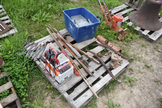 Pallet of Antique Fishing Poles, Muffler, Glass Cubes