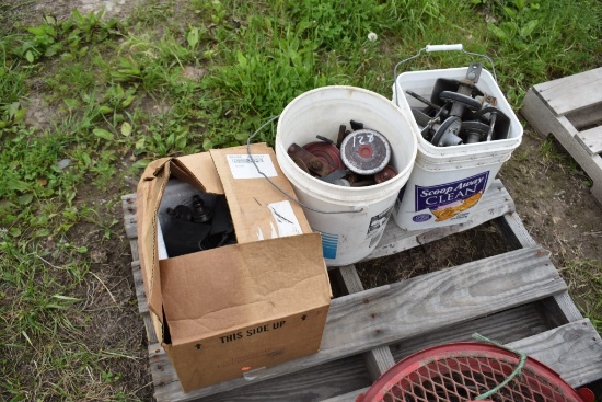 1 Box and 2 Pails of Misc Pulleys and Clutch Parts for Snapper Push Mowers