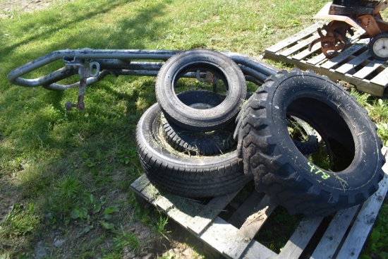 Pallet of Tires and Dump truck Bumper