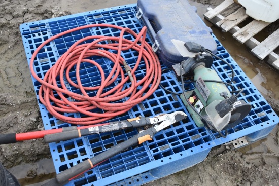 Pallet with Air hose, Pruners, Bench Vise, Lincoln Grease Gun