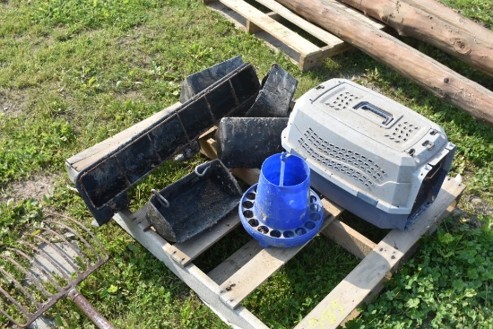 Pallet with Small Feeders and Small Pet Crate