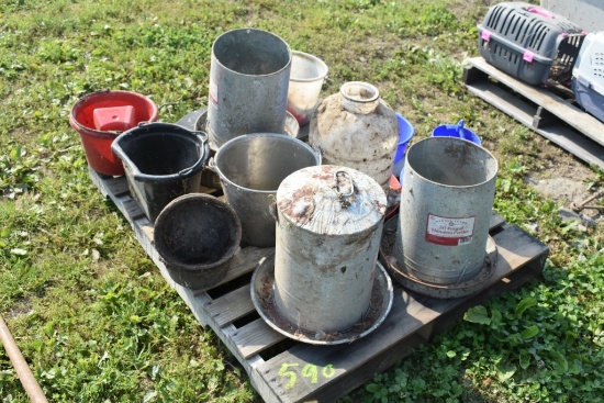 Pallet with Pales, Chicken Feeders and Waterers and Grain Buckets