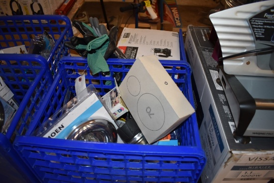 2 Blue Crates Full of Household Items and Submersible Pump