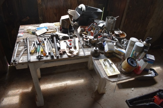 Wooden Work Bench With Contents