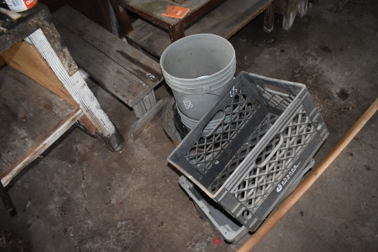 Group of Buckets, milk crate and Wooden Step Stool