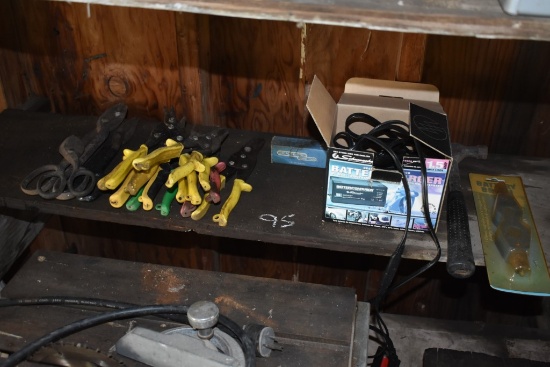 Group of tin Snips and Battery Charger, Hatchet and Battery Brush