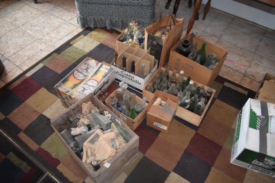 8 Boxes and Bag of Glass Bottles