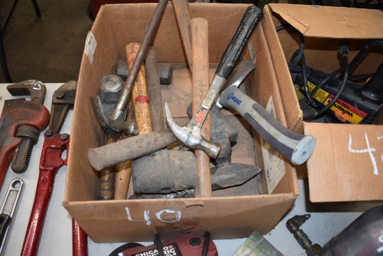 Box of small Sledge Hammers, Claw Hammers and Kobalt Hatchet