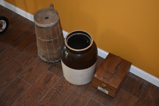 Butter Churn, Shoe Shine Kit, Crock