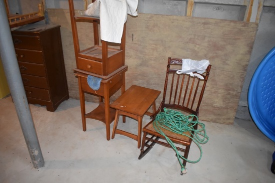 2 Nightstands, Small Table, Cane-Bottom Rocking Chair, 2 Chairs