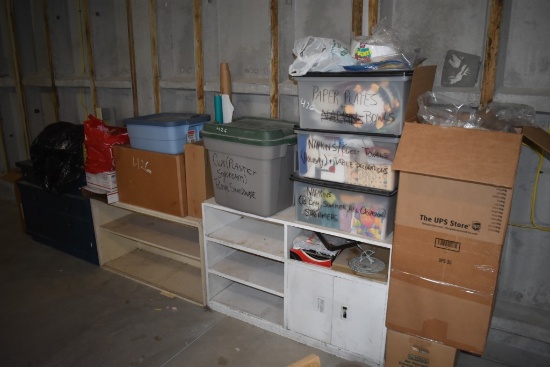 One Dresser, 2 Shelves, Large Group of Party Related Items