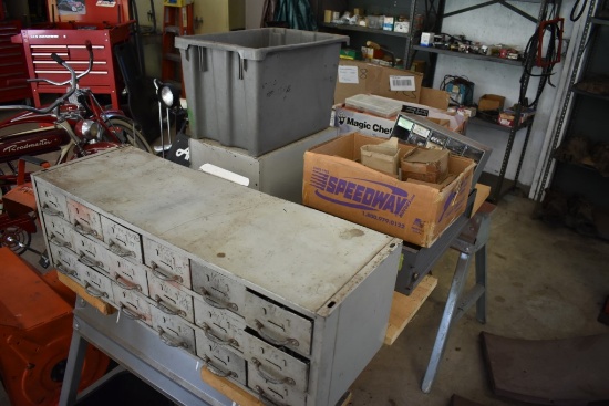 Table Loaded With Misc Hardware And 18 Drawer Hardware Organizer