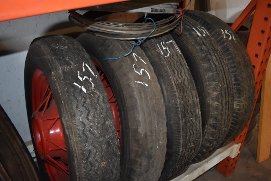 5 Tires With  Repainted Red Spoke Rims And Hubcap Inserts