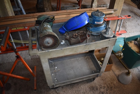 Two Teir Shop Cart With Submersible Pump Bench Grinder And Pipe Bender