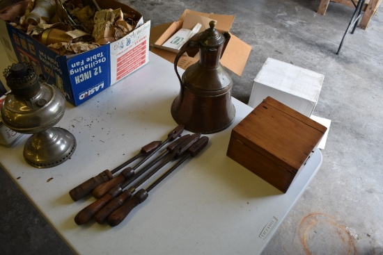 Group With 5 Blacksmith Soldering Irons And A Brass Pitcher