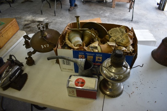 Group Of Vintage Light Parts Oil Can Coca Cola Napkin Dispenser And An Oil Lamp