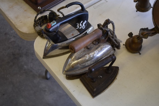 Two Vintage Electric Irons And A Cast Iron Clothes Iron