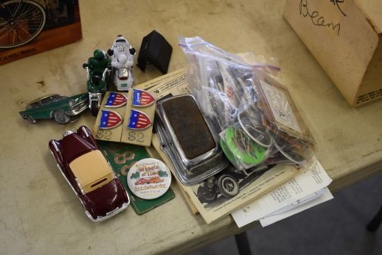 Group With Pins Toy Motorcycles Metal Badges And Car Pamphlets