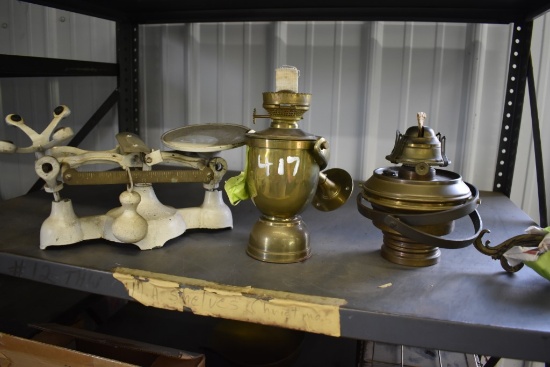 Antique Scale And Two Oil Lamps