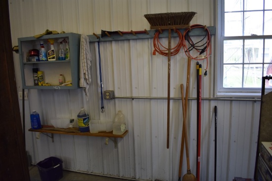 Three Push Brooms, Floor Magnet Squeegee, Two  Extension Cords, And Cleaning Supply's