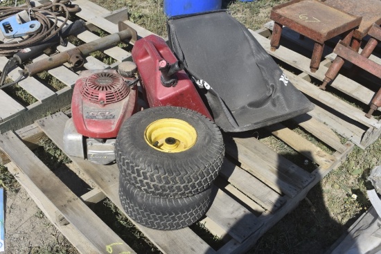 Pallet with Honda GCV160 Motor, 2 Lawn Tractor Tires, Gas Can, and Craftsman Lawn Mower Bagger