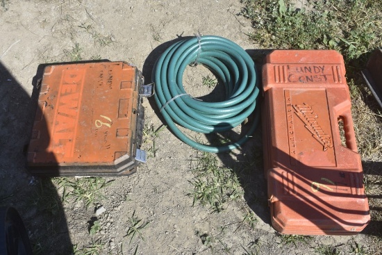 Milwaukee Corded Sawzall, Garden Hose, and DeWalt Corded Screw Drill