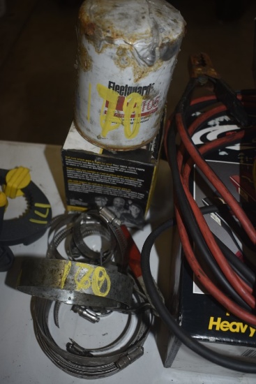 2 Fuel Filters, Adjustable Filter Wrench, and Group of Hose Clamps