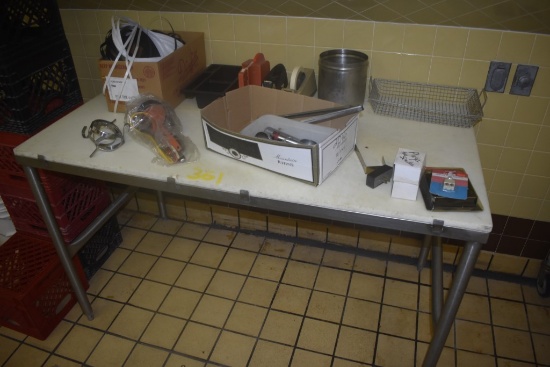 Stainless Steel Prep Table with Plastic Cutting Board Top with Contents