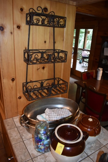 2 Crock Cookie Jars, Chafing Pans, Jar of Glass Rocks, and 3 Tier Metal Wall Shelf