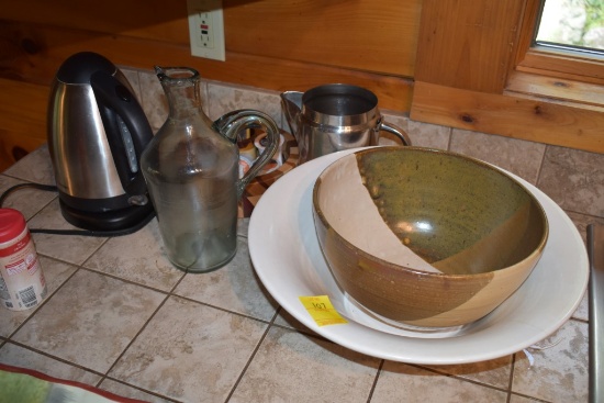 Faberware Electric Kettle, 1982 Handmade Hughes Pottery Bowl, Salad Bowl, and 2 Pitchers