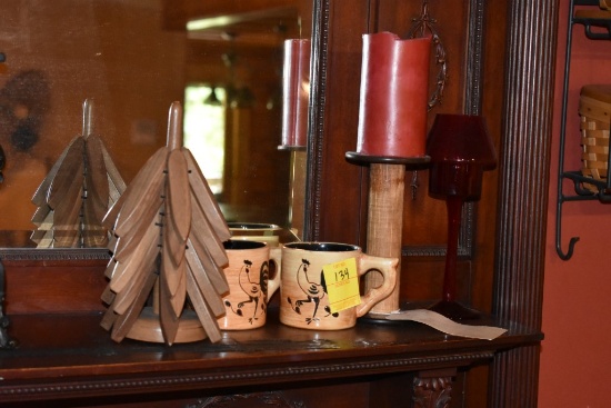 2 Ramsberry Pottery Rooster Coffee Mugs, 2 Candle Holders, and Wooden Hotplate Tree