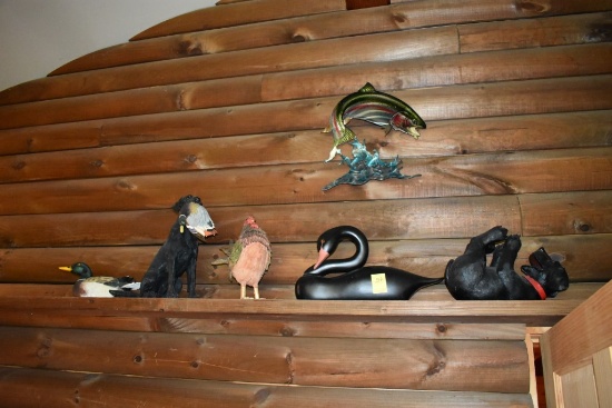 Wooden Duck, Wooden Dog, Paper Mache Quail, Metal Labrador, Metal Wall Hanging Trout, and Plaster Du